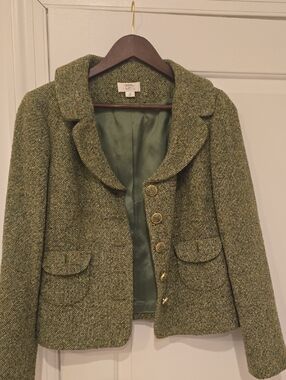 LOFT Olive Green Tweed Blazer with Gold Buttons